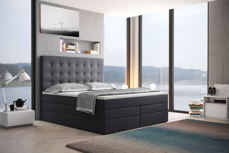 Fun Möbel Boxspringbett Boxspringbett Schlafzimmerbett TRIANA DELUX Kunstleder Madryt (inkl. Bettkasten, inkl. Viscoschaumtopper), Strasssteine im Kopfteil von Fun Möbel