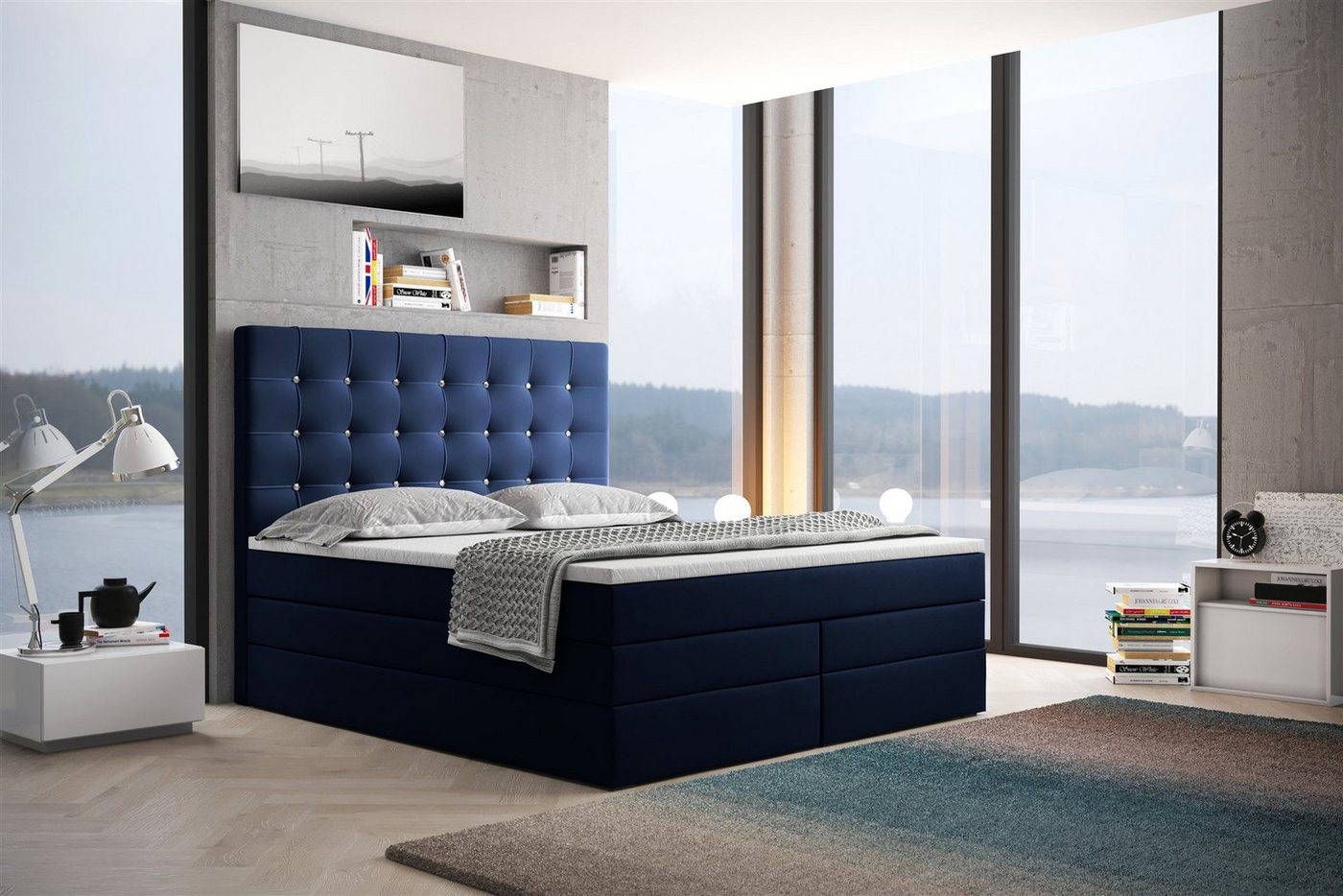 Fun Möbel Boxspringbett Boxspringbett Schlafzimmerbett TRIANA DELUX Stoff (inkl. Bettkasten, inkl. Viscoschaumtopper), Strasssteine im Kopfteil von Fun Möbel