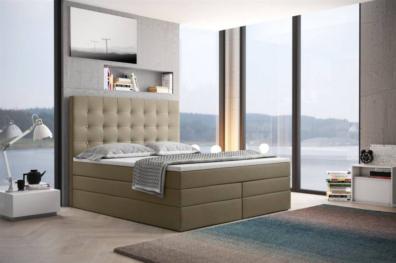 Fun Möbel Boxspringbett Boxspringbett Schlafzimmerbett TRIANA DELUX Stoff (inkl. Bettkasten, inkl. Viscoschaumtopper), Strasssteine im Kopfteil von Fun Möbel