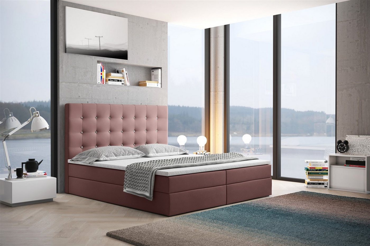 Fun Möbel Boxspringbett Boxspringbett Schlafzimmerbett TRIANA Stoff Riviera oder Matt Velvet (inkl. Bettkasten, inkl. Viscoschaumtopper), Strasssteine im Kopfteil von Fun Möbel