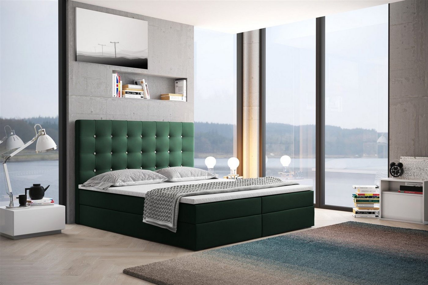 Fun Möbel Boxspringbett Boxspringbett Schlafzimmerbett TRIANA Stoff Riviera oder Matt Velvet (inkl. Bettkasten, inkl. Viscoschaumtopper), Strasssteine im Kopfteil von Fun Möbel