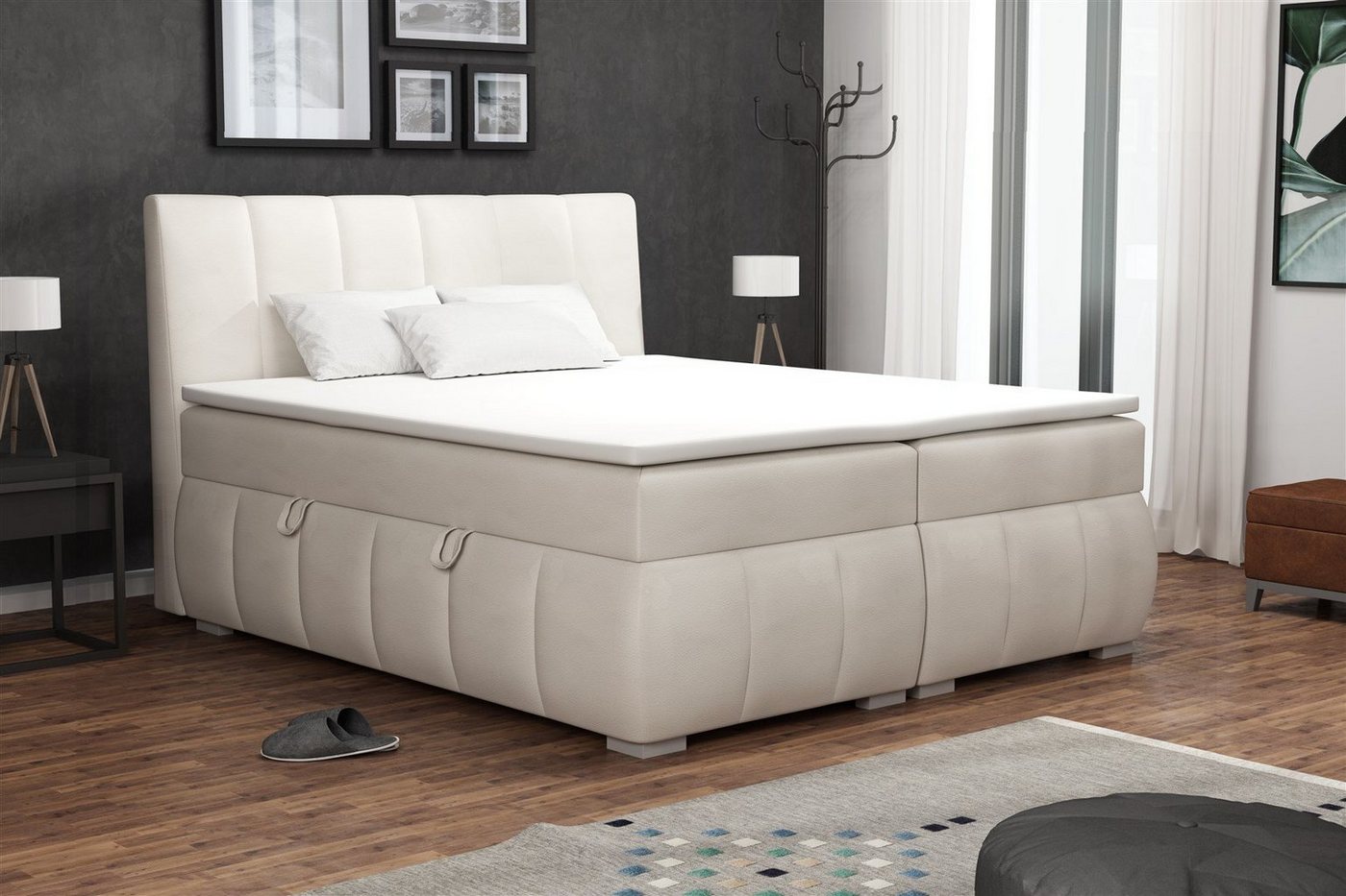 Fun Möbel Boxspringbett Boxspringbett Schlafzimmerbett VINCENZA in Kunstleder "Soft" Creme (inkl. Bettkasten, 1-St., inkl. Kaltschaumtopper) von Fun Möbel