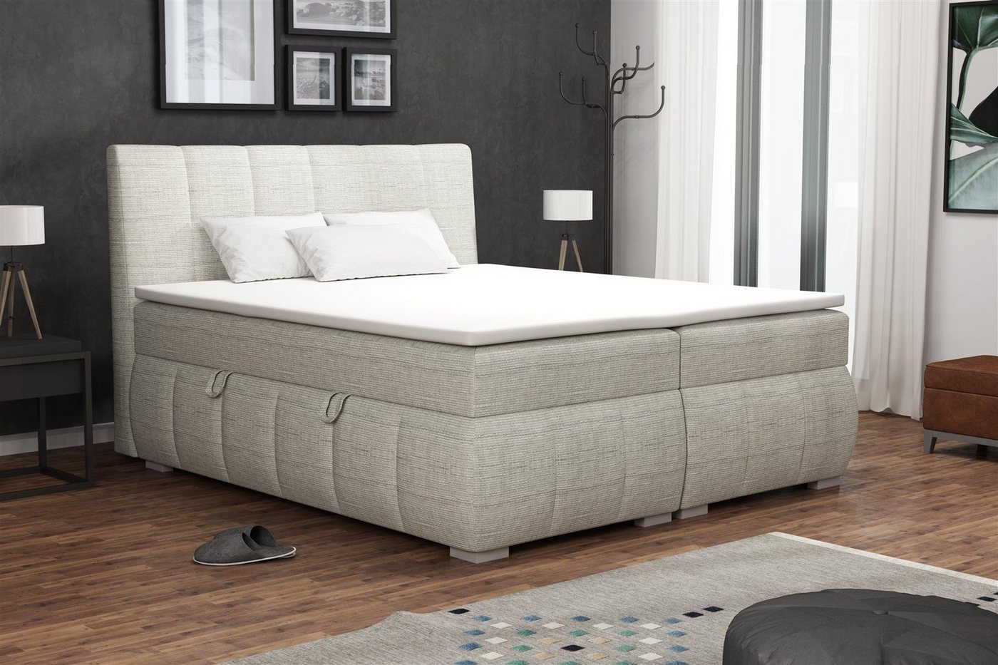 Fun Möbel Boxspringbett Boxspringbett Schlafzimmerbett VINCENZA in Stoff "Berlin" Hellgrau (inkl. Bettkasten, 1-St., inkl. Kaltschaumtopper) von Fun Möbel