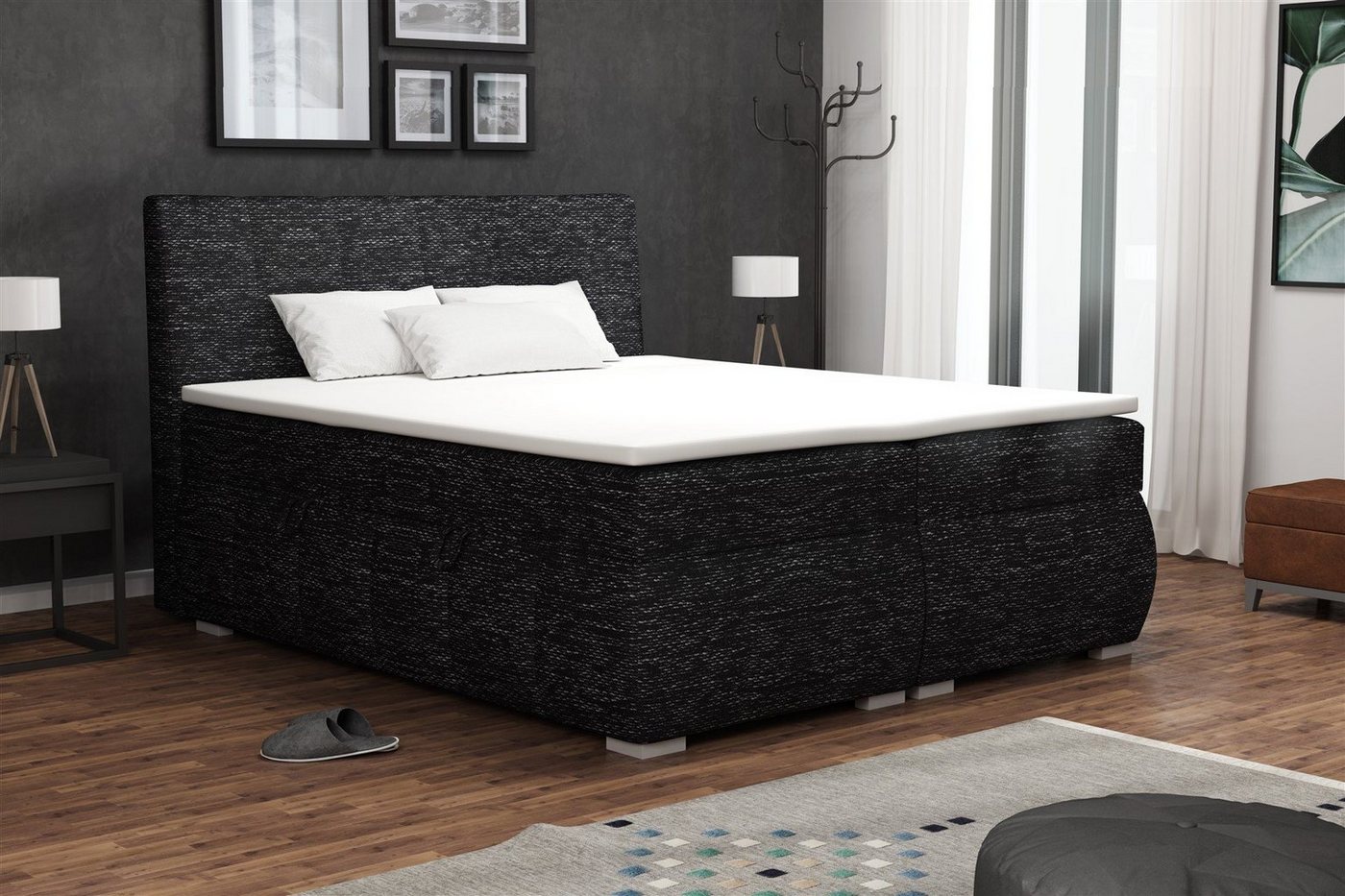 Fun Möbel Boxspringbett Boxspringbett Schlafzimmerbett VINCENZA in Stoff "Berlin" Schwarz (inkl. Bettkasten, 1-St., inkl. Kaltschaumtopper) von Fun Möbel