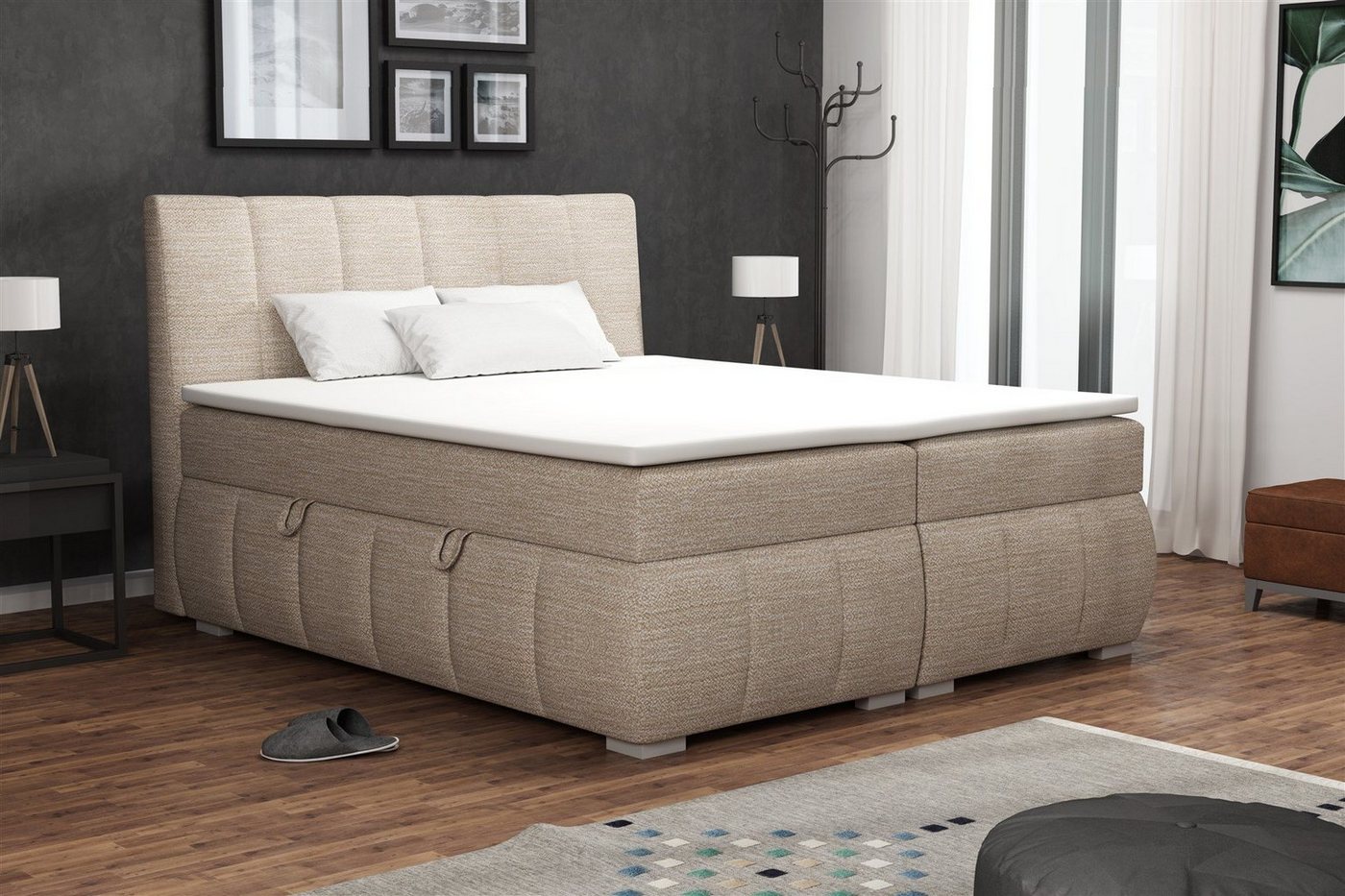 Fun Möbel Boxspringbett Boxspringbett Schlafzimmerbett VINCENZA in Stoff "Orinoco" Beige (inkl. Bettkasten, 1-St., inkl. Kaltschaumtopper) von Fun Möbel