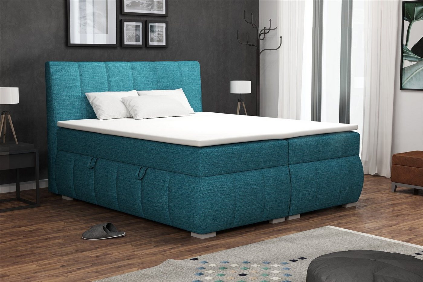Fun Möbel Boxspringbett Boxspringbett Schlafzimmerbett VINCENZA in Stoff "Orinoco" Türkis (inkl. Bettkasten, 1-St., inkl. Kaltschaumtopper) von Fun Möbel