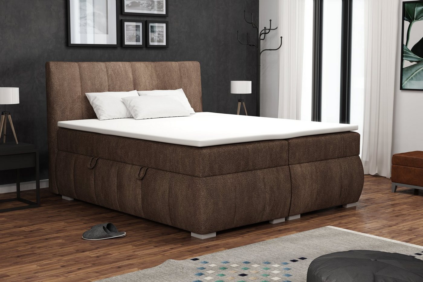 Fun Möbel Boxspringbett Boxspringbett Schlafzimmerbett VINCENZA in Stoff "Preston" Braun (inkl. Bettkasten, 1-St., inkl. Kaltschaumtopper) von Fun Möbel