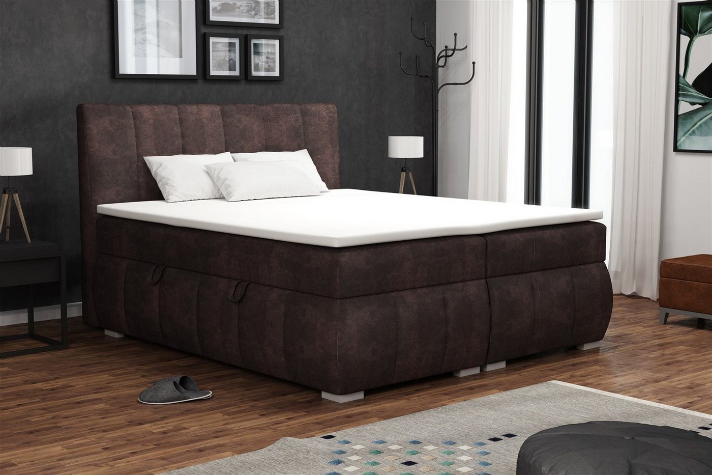 Fun Möbel Boxspringbett Boxspringbett Schlafzimmerbett VINCENZA in Stoff "Preston" Dunkelbraun (inkl. Bettkasten, 1-St., inkl. Kaltschaumtopper) von Fun Möbel