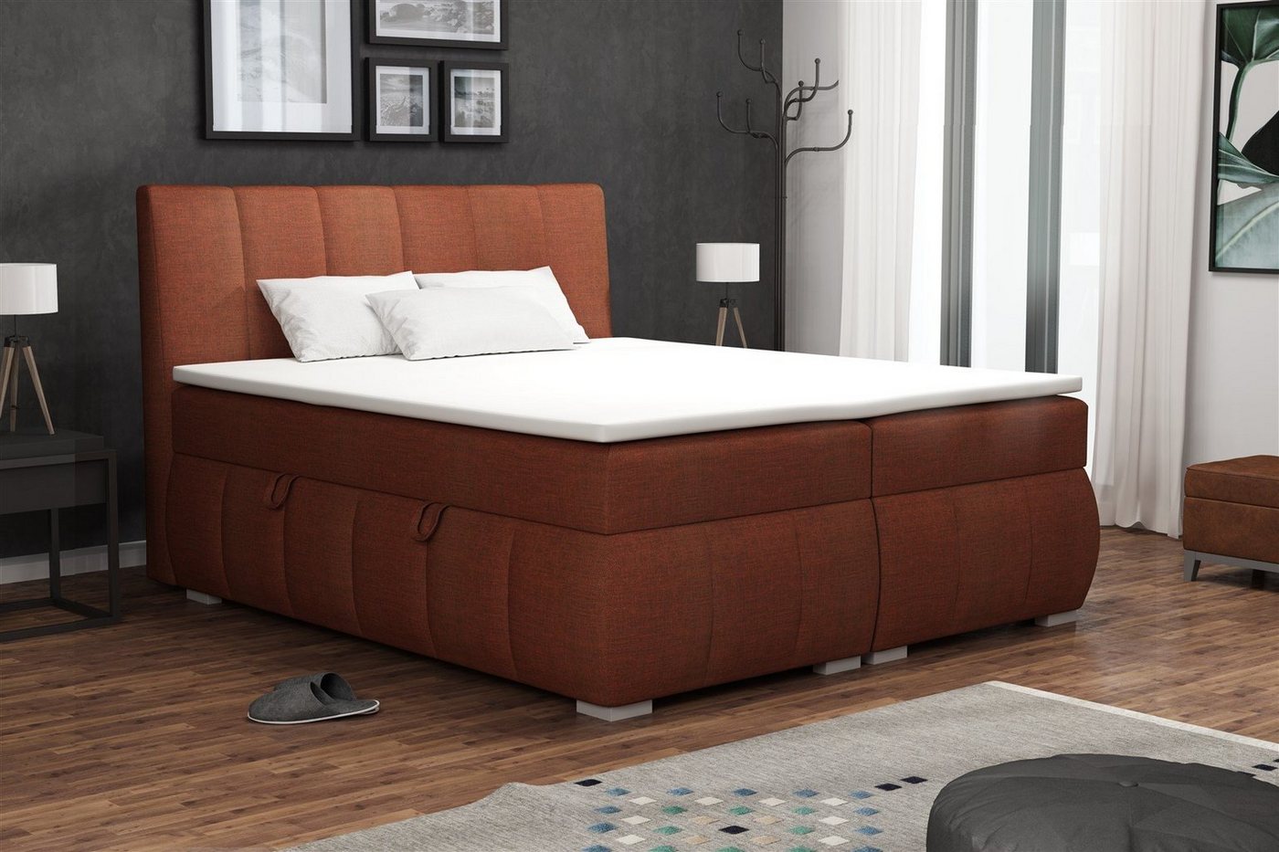 Fun Möbel Boxspringbett Boxspringbett Schlafzimmerbett VINCENZA in Stoff "Sawana" Rostbraun (inkl. Bettkasten, 1-St., inkl. Kaltschaumtopper) von Fun Möbel
