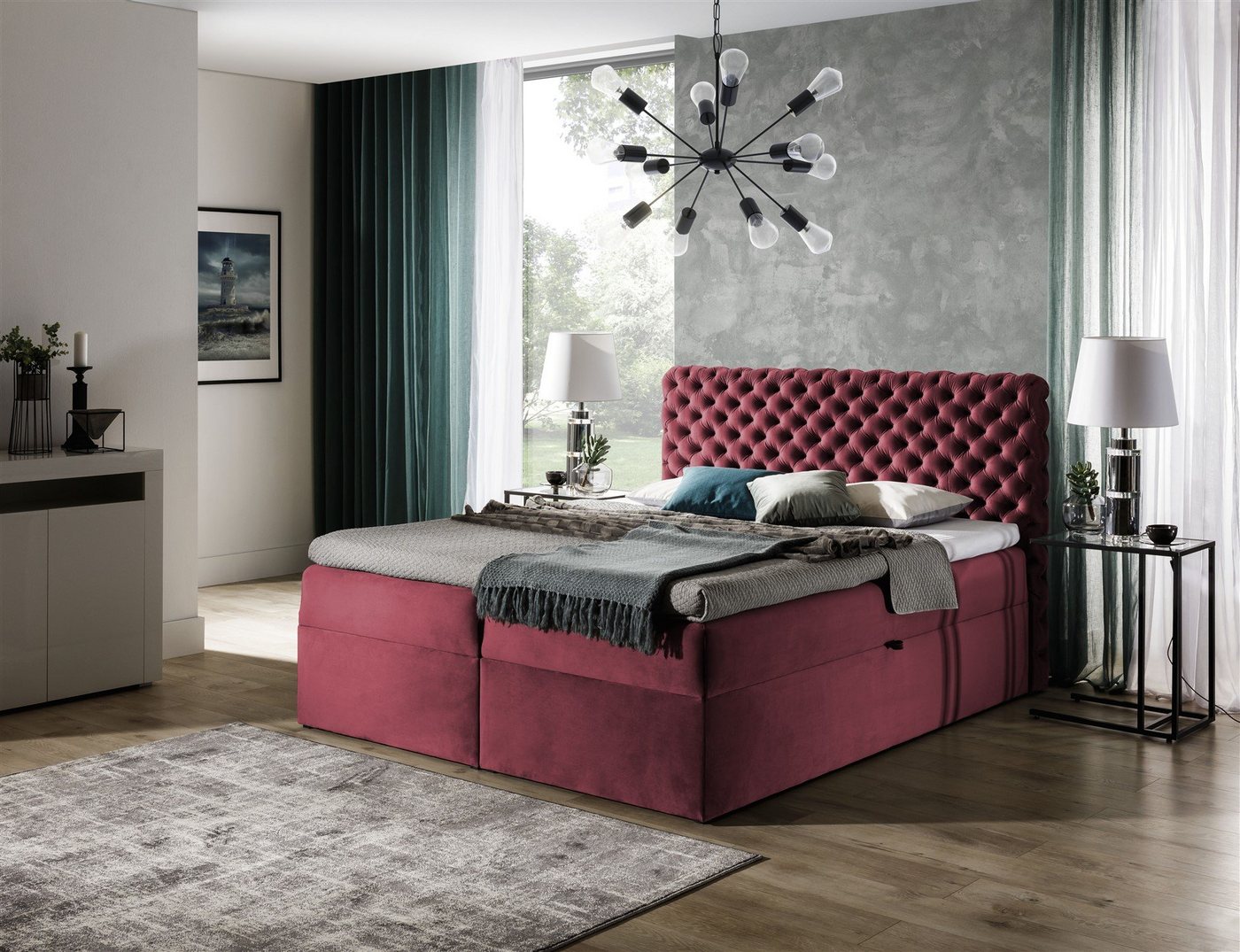 Fun Möbel Boxspringbett Boxspringbett Schlafzimmerbett WILLIAM in "French Velvet" Weinrot (1-St., inkl. Kaltschaumtopper, inkl. Bettkasten) von Fun Möbel