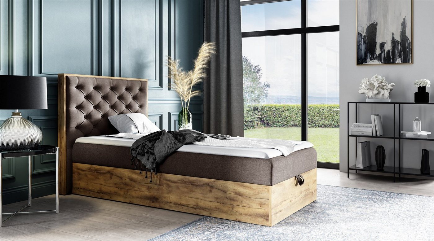 Fun Möbel Boxspringbett Gästebett Einzelbett Bett DIONA MINI in Stoff (auch als Doppelbett erhältlich, inkl. Kaltschaumtopper und Bettkasten), Rahmen des Bettes in Artisan Eichen-Optik von Fun Möbel