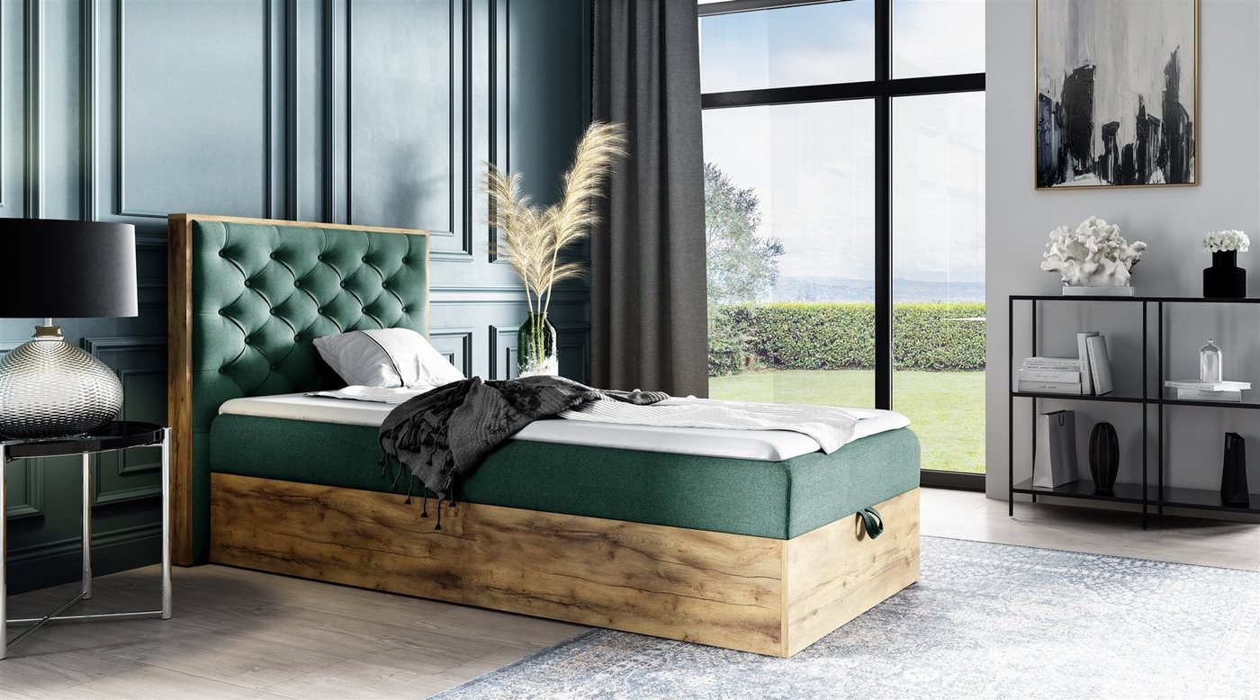 Fun Möbel Boxspringbett Gästebett Einzelbett Bett DIONA MINI in Stoff (auch als Doppelbett erhältlich, inkl. Kaltschaumtopper und Bettkasten), Rahmen des Bettes in Artisan Eichen-Optik von Fun Möbel