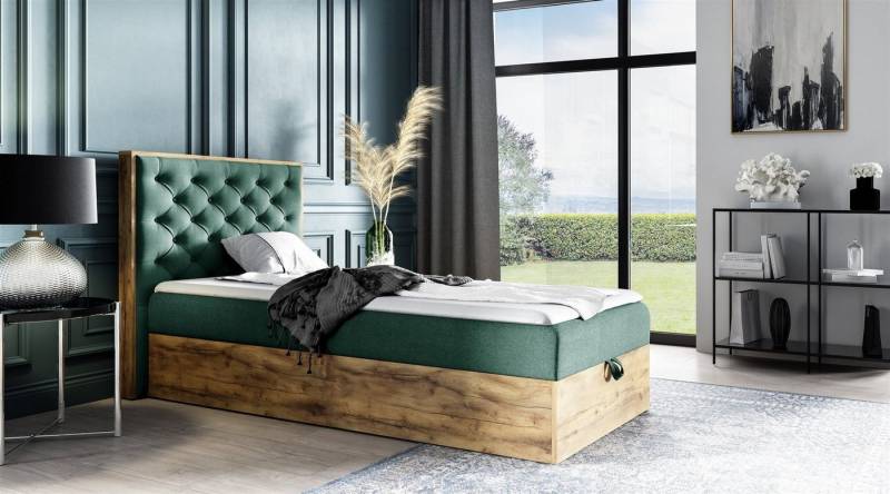 Fun Möbel Boxbett Gästebett Einzelbett Bett DIONA MINI in Stoff (auch als Doppelbett erhältlich, inkl. Kaltschaumtopper und Bettkasten), Rahmen des Bettes in Artisan Eichen-Optik von Fun Möbel