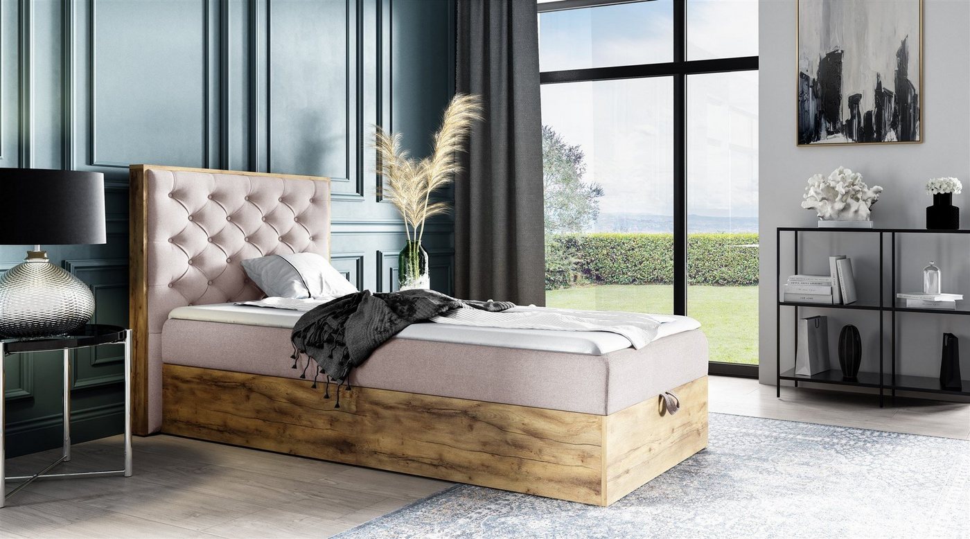Fun Möbel Boxbett Gästebett Einzelbett Bett DIONA MINI in Stoff (auch als Doppelbett erhältlich, inkl. Kaltschaumtopper und Bettkasten), Rahmen des Bettes in Artisan Eichen-Optik von Fun Möbel
