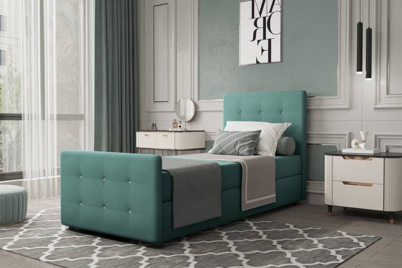 Fun Möbel Boxbett Gästebett MARKOS Überlänge in Stoff Soro (Liegefläche in Stoff und Farbe des Bettes, inkl. Bettkasten ohne Topper), Strasssteine in Kopf- und Fußteil von Fun Möbel