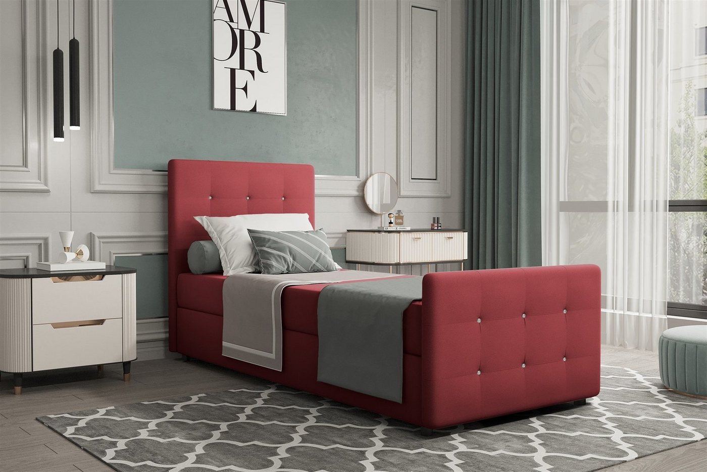 Fun Möbel Boxbett Gästebett MARKOS Überlänge in Stoff Soro (Liegefläche in Stoff und Farbe des Bettes, inkl. Bettkasten ohne Topper), Strasssteine in Kopf- und Fußteil von Fun Möbel