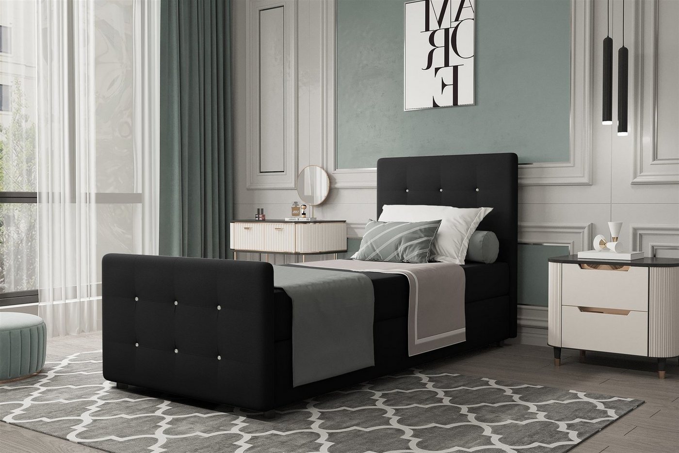 Fun Möbel Boxbett Gästebett MARKOS Überlänge in Stoff Soro (Liegefläche in Stoff und Farbe des Bettes, inkl. Bettkasten ohne Topper), Strasssteine in Kopf- und Fußteil von Fun Möbel