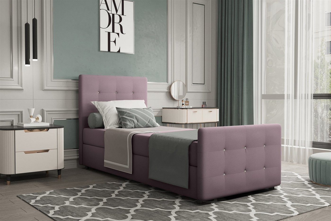 Fun Möbel Boxbett Gästebett MARKOS Überlänge in Stoff Soro (Liegefläche in Stoff und Farbe des Bettes, inkl. Bettkasten ohne Topper), Strasssteine in Kopf- und Fußteil von Fun Möbel