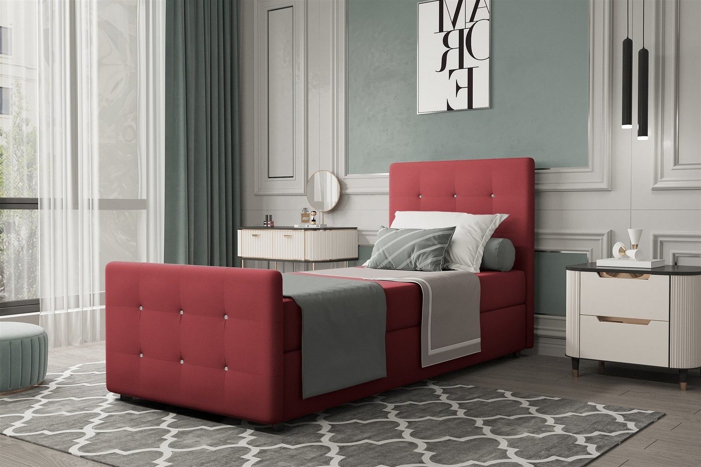 Fun Möbel Boxbett Gästebett MARKOS Überlänge in Stoff Soro (Liegefläche in Stoff und Farbe des Bettes, inkl. Bettkasten ohne Topper), Strasssteine in Kopf- und Fußteil von Fun Möbel