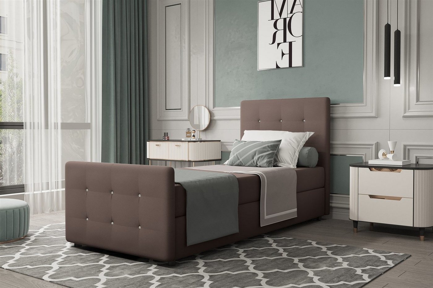 Fun Möbel Boxbett Gästebett MARKOS Überlänge in Stoff Soro (Liegefläche in Stoff und Farbe des Bettes, inkl. Bettkasten ohne Topper), Strasssteine in Kopf- und Fußteil von Fun Möbel