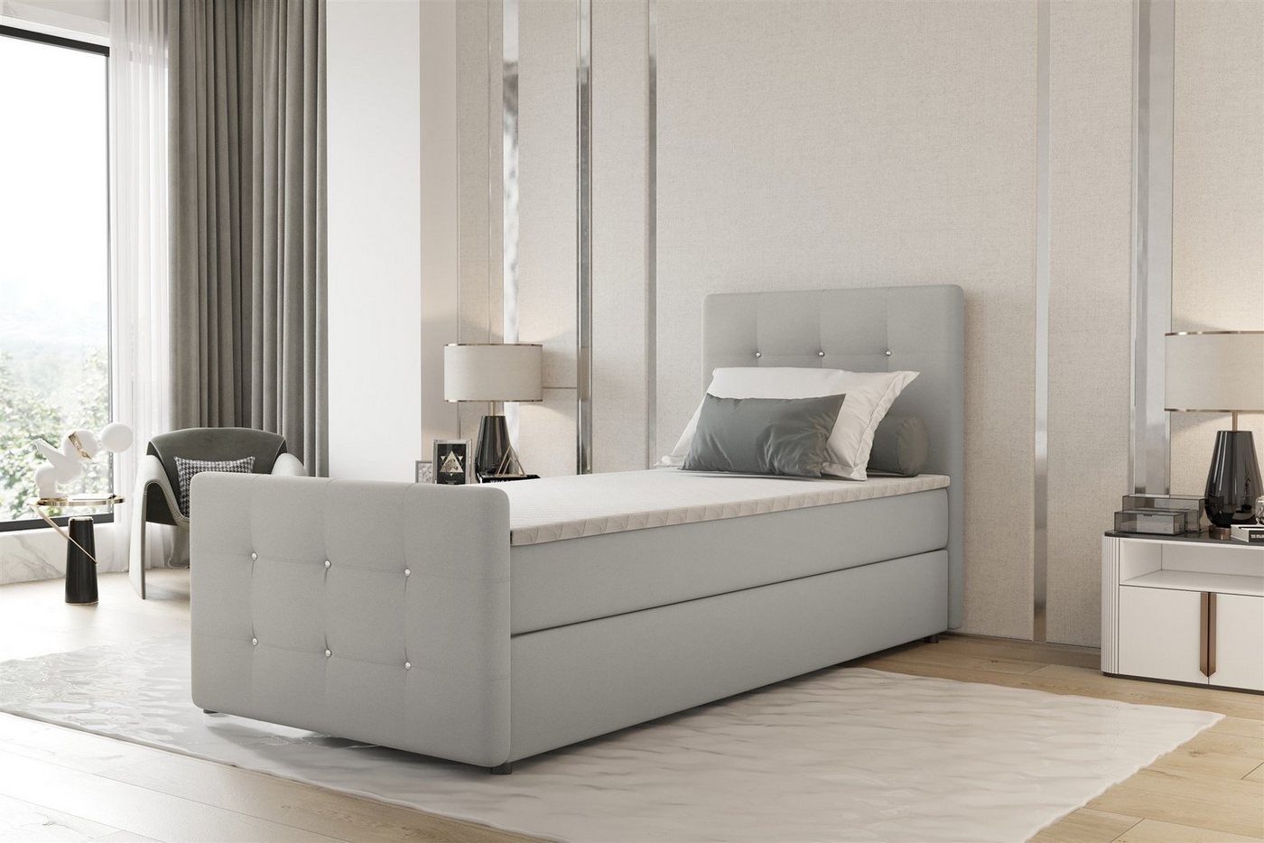 Fun Möbel Boxbett Gästebett MARKOS Überlänge in Stoff Soro (Liegefläche in Stoff und Farbe des Bettes, inkl. Bettkasten und Topper), Strasssteine in Kopf- und Fußteil von Fun Möbel