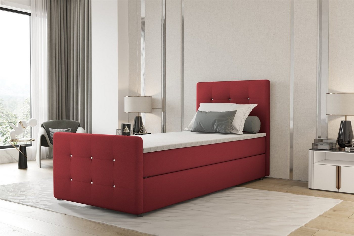 Fun Möbel Boxbett Gästebett MARKOS Überlänge in Stoff Soro (Liegefläche in Stoff und Farbe des Bettes, inkl. Bettkasten und Topper), Strasssteine in Kopf- und Fußteil von Fun Möbel