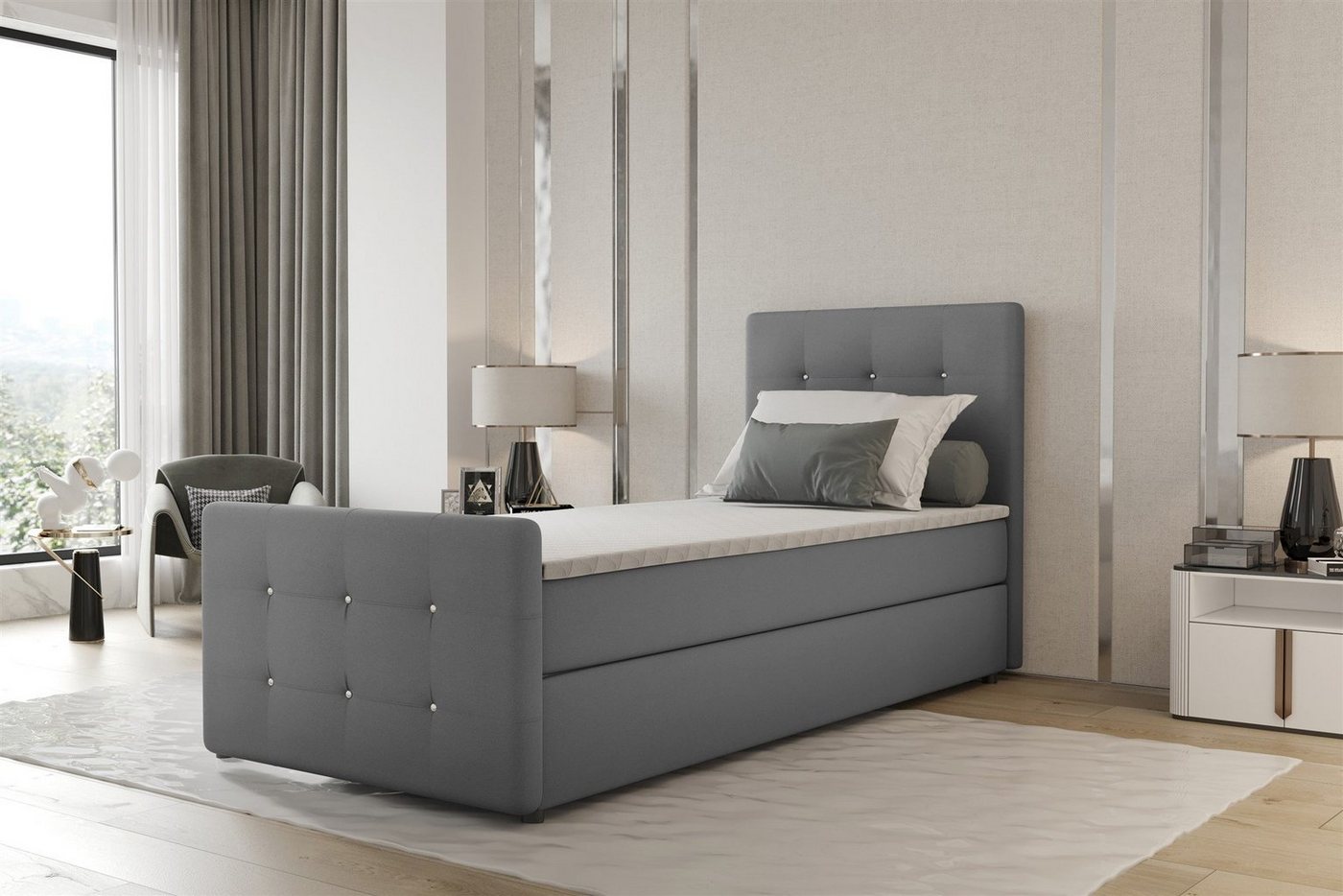 Fun Möbel Boxbett Gästebett MARKOS Überlänge in Stoff Soro (Liegefläche in Stoff und Farbe des Bettes, inkl. Bettkasten und Topper), Strasssteine in Kopf- und Fußteil von Fun Möbel