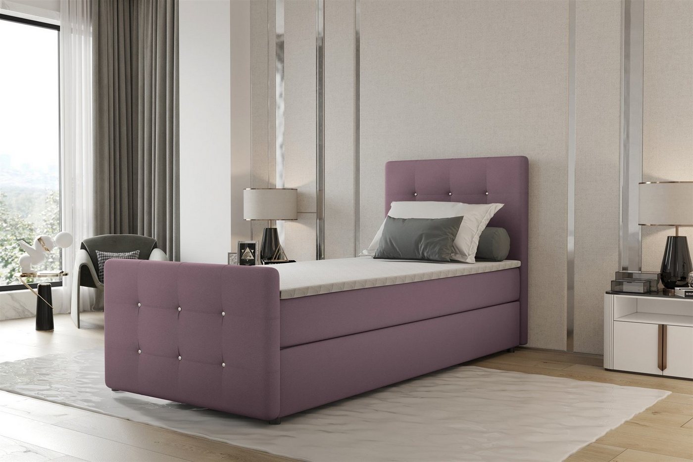 Fun Möbel Boxbett Gästebett MARKOS Überlänge in Stoff Soro (Liegefläche in Stoff und Farbe des Bettes, inkl. Bettkasten und Topper), Strasssteine in Kopf- und Fußteil von Fun Möbel