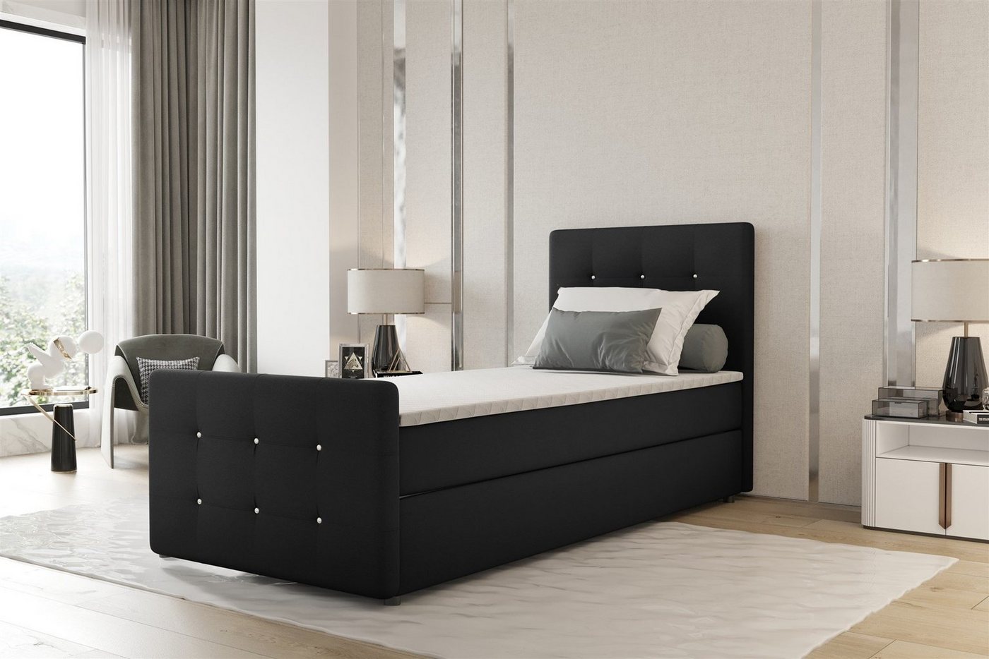 Fun Möbel Boxbett Gästebett MARKOS Überlänge in Stoff Soro (Liegefläche in Stoff und Farbe des Bettes, inkl. Bettkasten und Topper), Strasssteine in Kopf- und Fußteil von Fun Möbel
