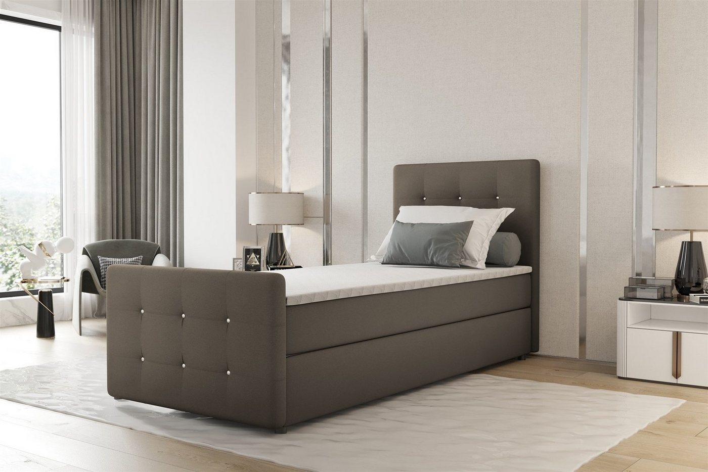 Fun Möbel Boxbett Gästebett MARKOS Überlänge in Stoff Soro (Liegefläche in Stoff und Farbe des Bettes, inkl. Bettkasten und Topper), Strasssteine in Kopf- und Fußteil von Fun Möbel