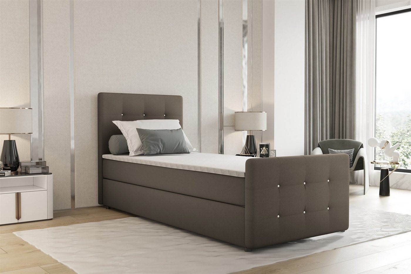 Fun Möbel Boxbett Gästebett MARKOS Überlänge in Stoff Soro (Liegefläche in Stoff und Farbe des Bettes, inkl. Bettkasten und Topper), Strasssteine in Kopf- und Fußteil von Fun Möbel