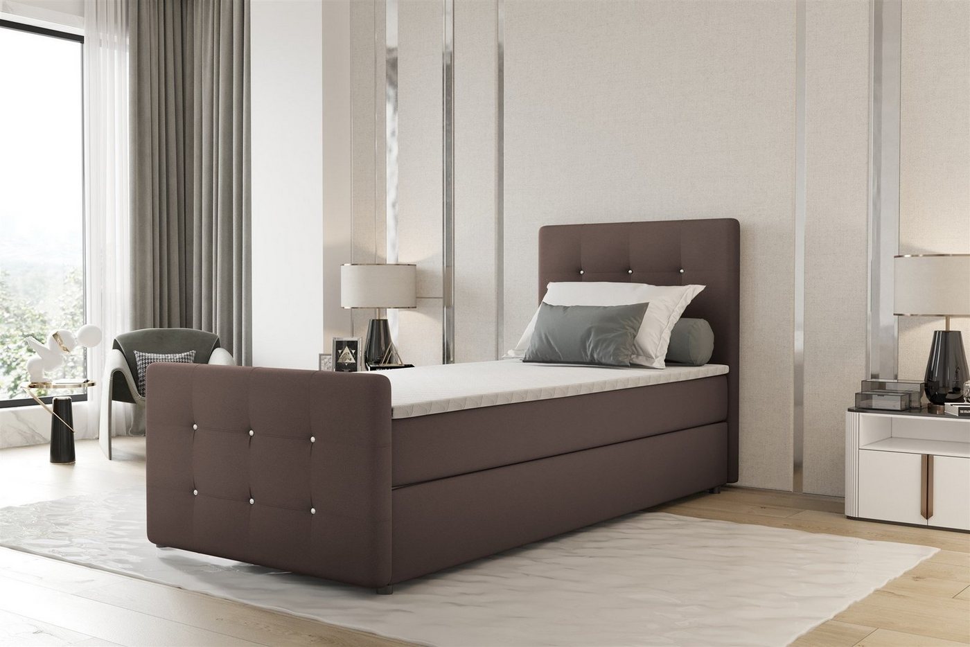 Fun Möbel Boxbett Gästebett MARKOS Überlänge in Stoff Soro (Liegefläche in Stoff und Farbe des Bettes, inkl. Bettkasten und Topper), Strasssteine in Kopf- und Fußteil von Fun Möbel