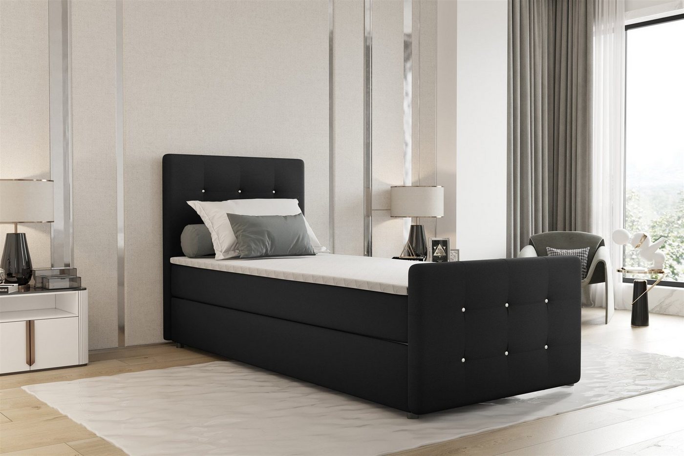 Fun Möbel Boxbett Gästebett MARKOS in Stoff Soro (Liegefläche in Stoff und Farbe des Bettes, inkl. Bettkasten und Topper), Strasssteine in Kopf- und Fußteil von Fun Möbel
