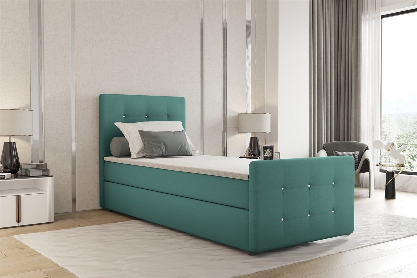 Fun Möbel Boxbett Gästebett MARKOS in Stoff Soro (Liegefläche in Stoff und Farbe des Bettes, inkl. Bettkasten und Topper), Strasssteine in Kopf- und Fußteil von Fun Möbel