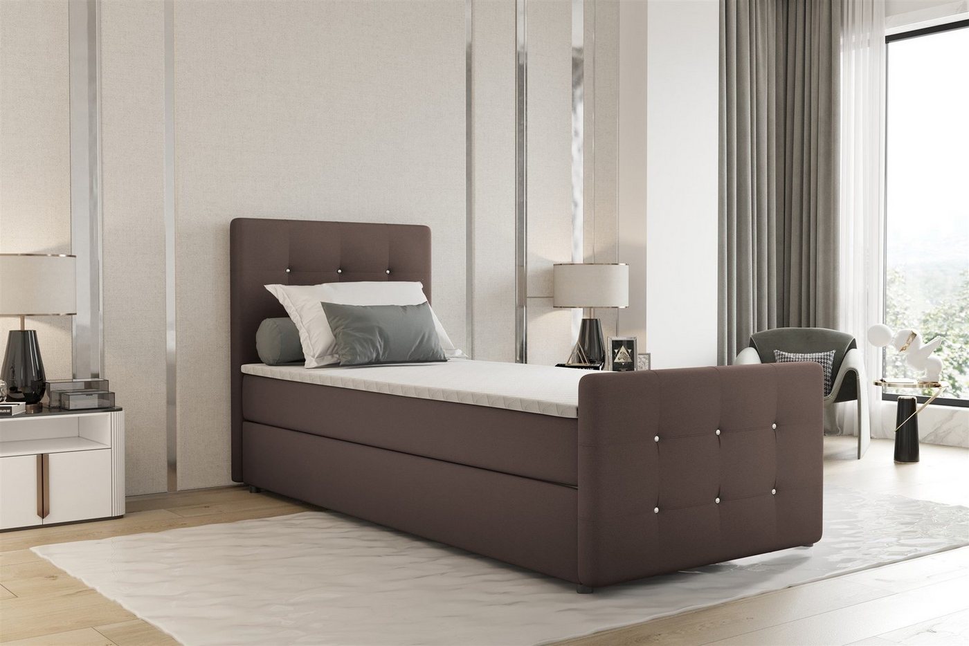 Fun Möbel Boxbett Gästebett MARKOS in Stoff Soro (Liegefläche in Stoff und Farbe des Bettes, inkl. Bettkasten und Topper), Strasssteine in Kopf- und Fußteil von Fun Möbel