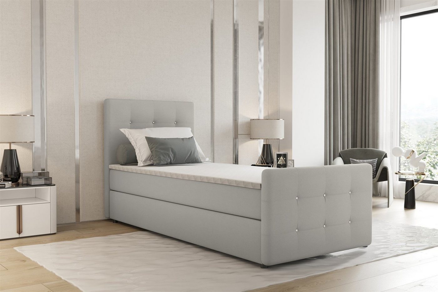 Fun Möbel Boxbett Gästebett MARKOS in Stoff Soro (Liegefläche in Stoff und Farbe des Bettes, inkl. Bettkasten und Topper), Strasssteine in Kopf- und Fußteil von Fun Möbel