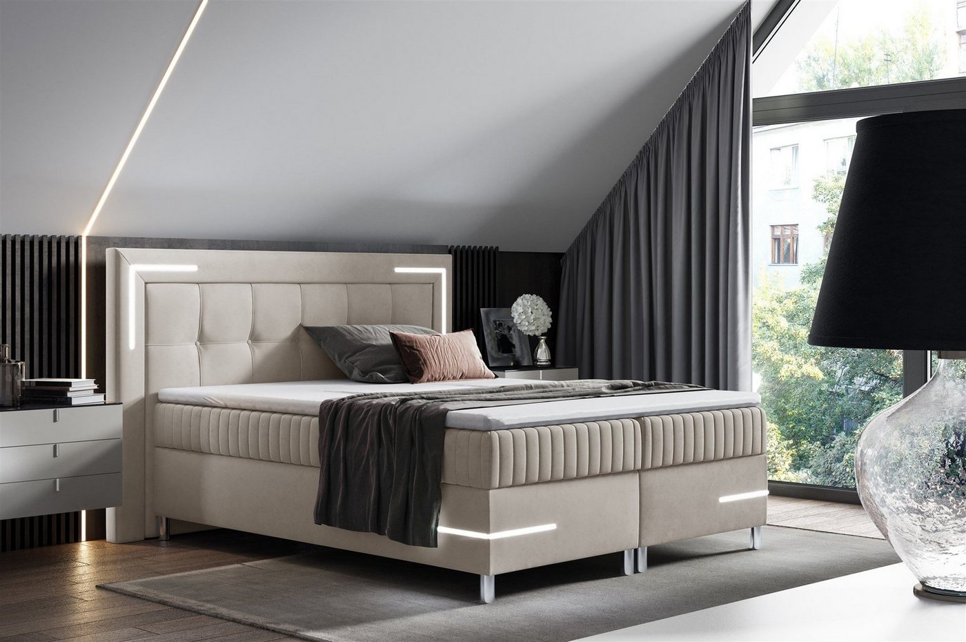 Fun Möbel Boxspringbett Schlafzimmerbett AMORE Nr.1 in Stoff Fresh (inkl. Bettkasten und Topper), inkl. LED-Beleuchtung von Fun Möbel