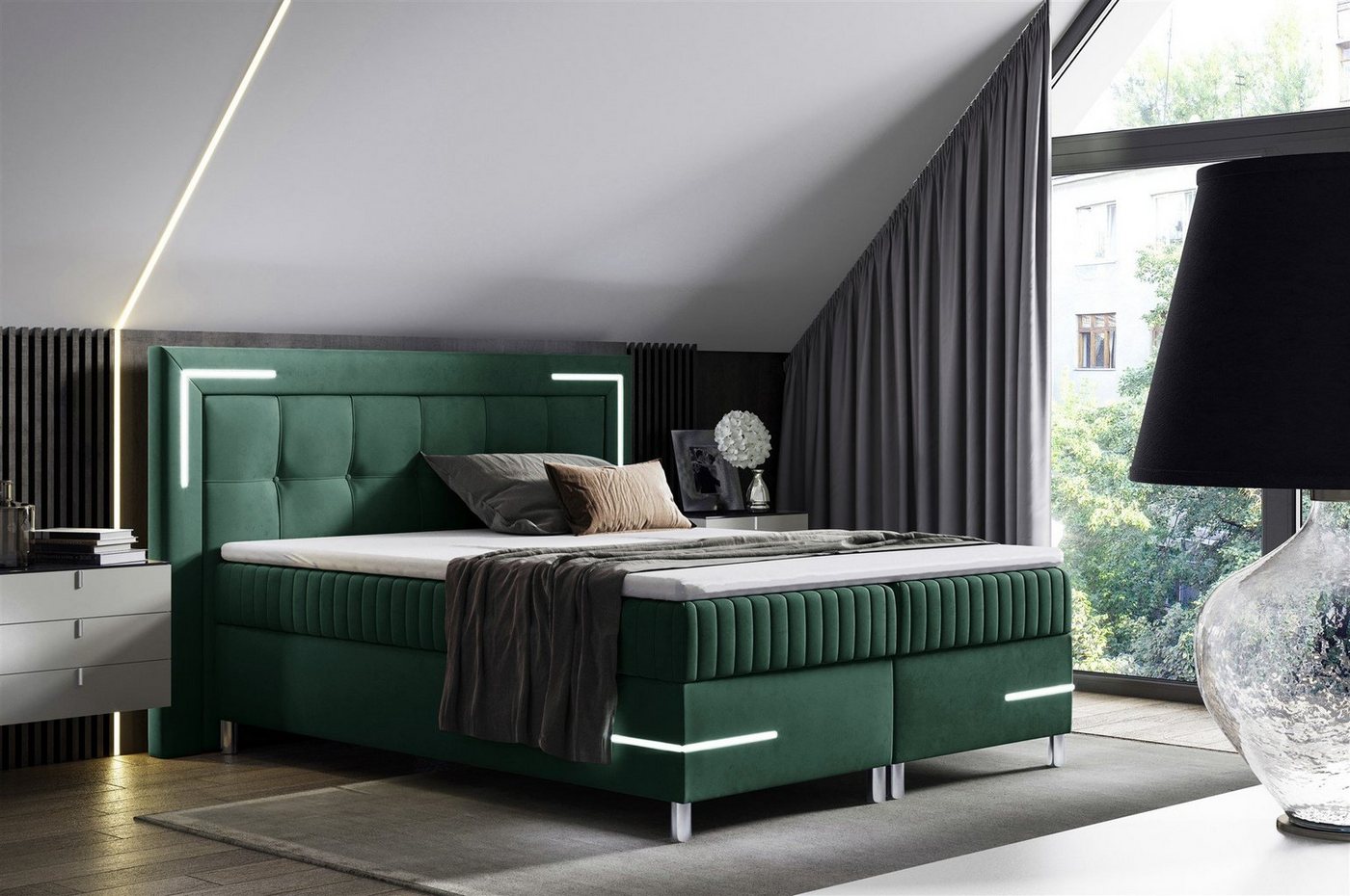 Fun Möbel Boxbett Schlafzimmerbett AMORE Nr.1 in Stoff Fresh (inkl. Bettkasten und Topper), inkl. LED-Beleuchtung von Fun Möbel
