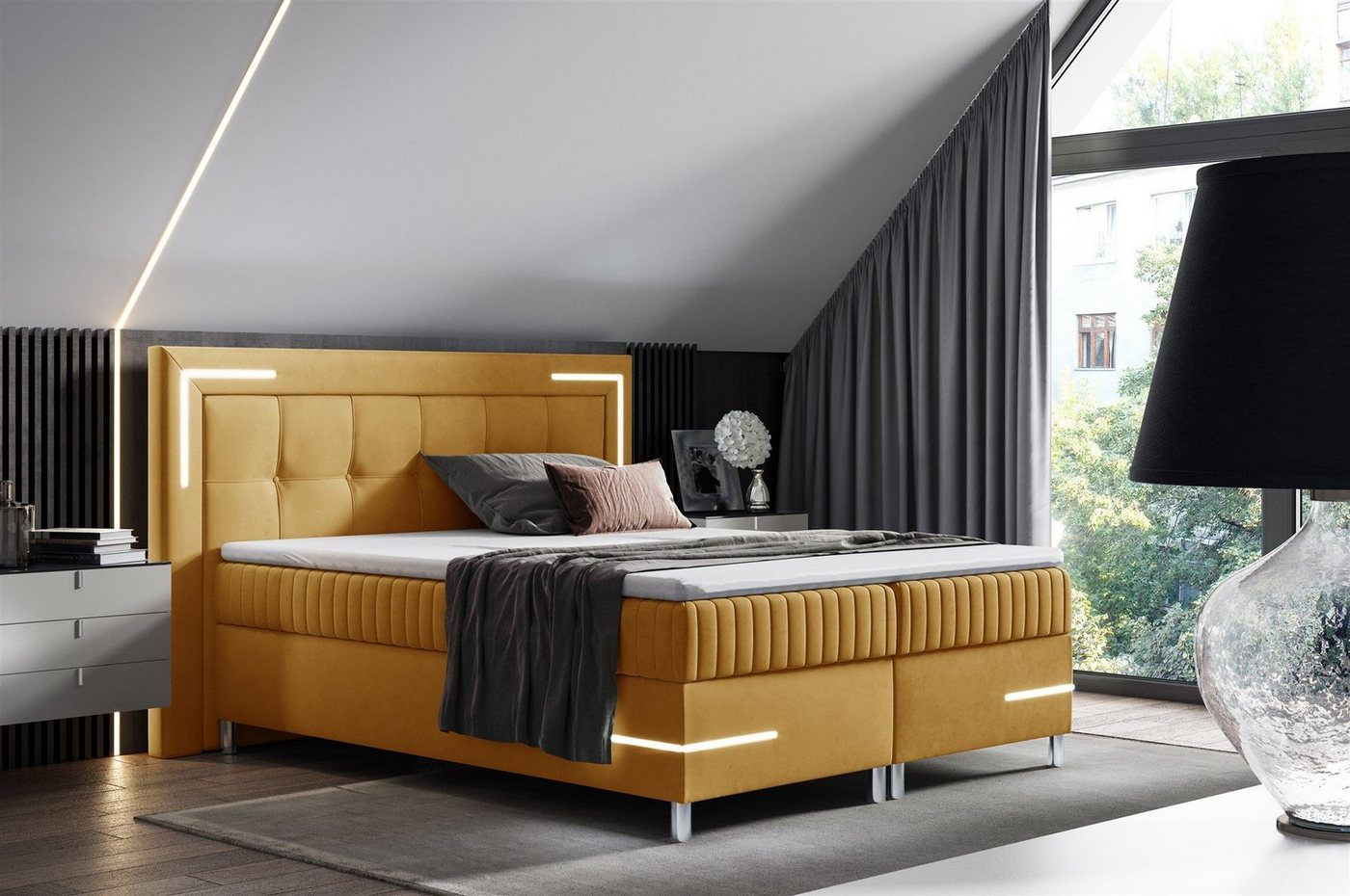 Fun Möbel Boxbett Schlafzimmerbett AMORE Nr.1 in Stoff Fresh (inkl. Bettkasten und Topper), inkl. LED-Beleuchtung von Fun Möbel