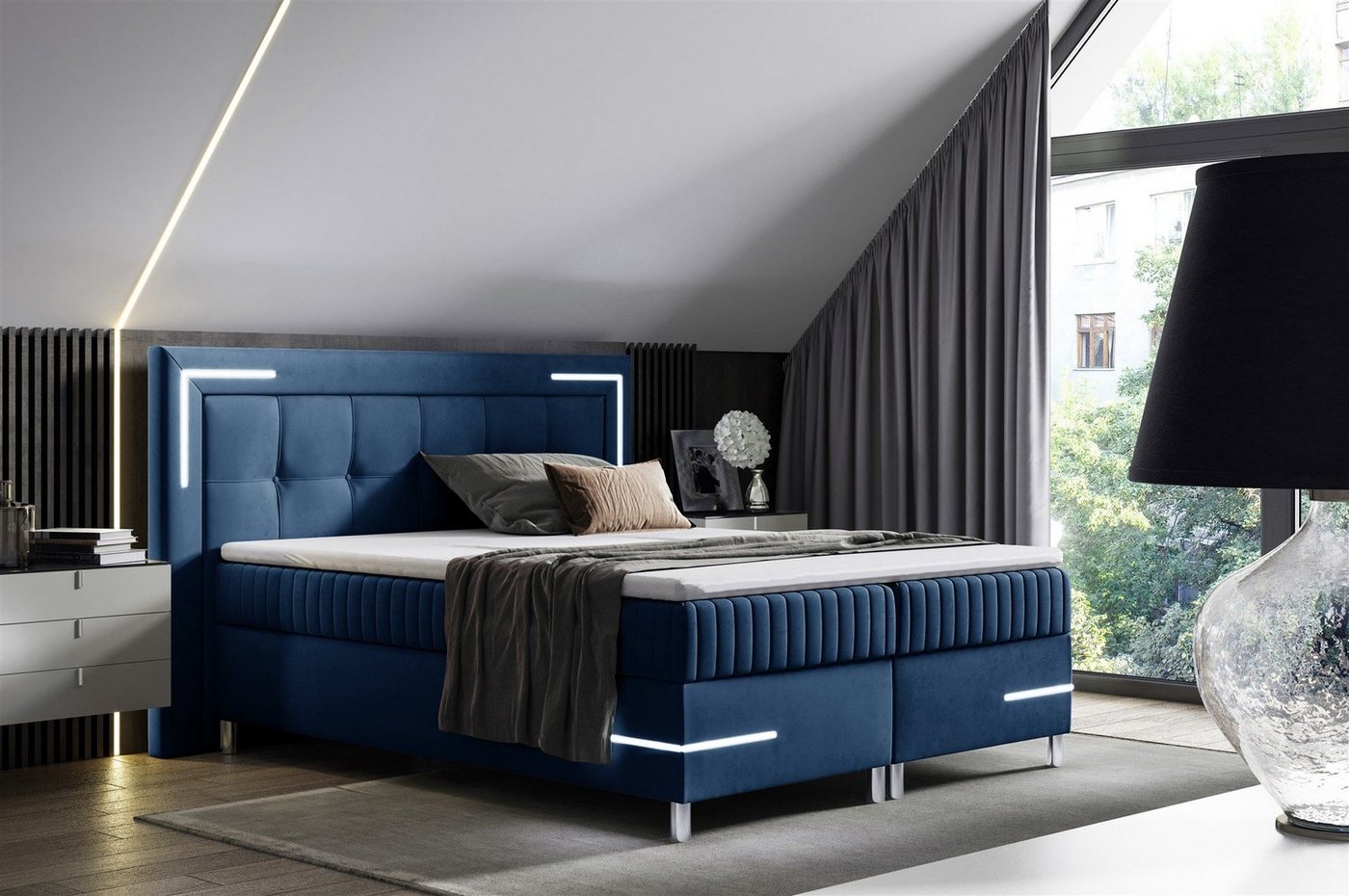 Fun Möbel Boxbett Schlafzimmerbett AMORE Nr.1 in Stoff Fresh (inkl. Bettkasten und Topper), inkl. LED-Beleuchtung von Fun Möbel