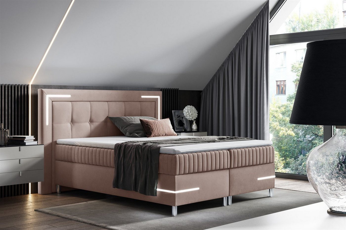 Fun Möbel Boxbett Schlafzimmerbett AMORE Nr.1 in Stoff Fresh (inkl. Bettkasten und Topper), inkl. LED-Beleuchtung von Fun Möbel