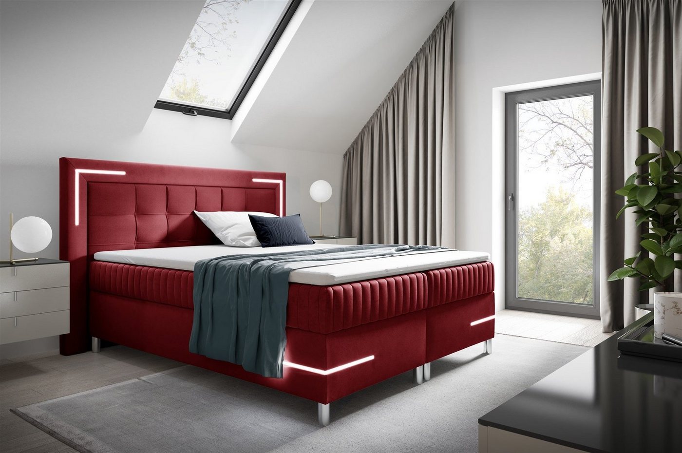 Fun Möbel Boxbett Schlafzimmerbett AMORE Nr.2 in Stoff Fresh (inkl. Bettkasten und Topper), inkl. LED-Beleuchtung von Fun Möbel