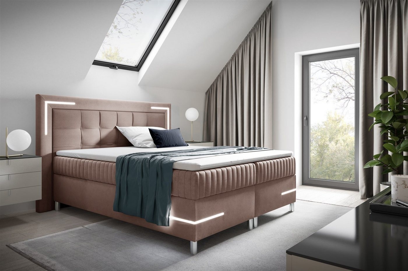 Fun Möbel Boxbett Schlafzimmerbett AMORE Nr.2 in Stoff Fresh (inkl. Bettkasten und Topper), inkl. LED-Beleuchtung von Fun Möbel