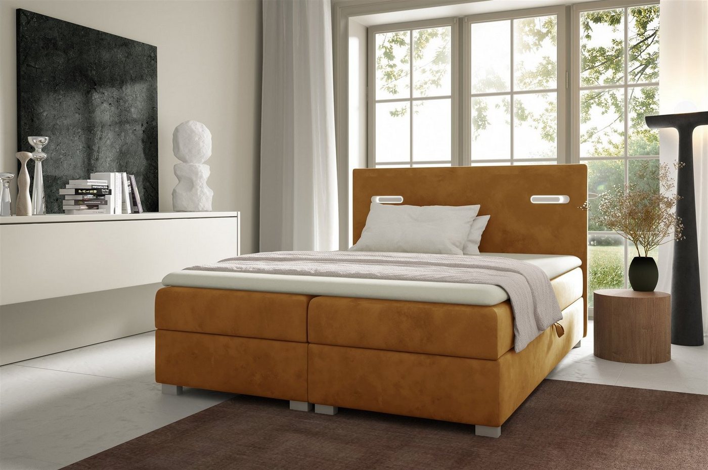 Fun Möbel Boxbett Schlafzimmerbett CAPRICE Überlänge in Stoff (inkl. 2 x Bettkasten und Topper, Ambiente-Beleuchtung mit Touch Funktion), Gepolstertes Kopfteil von Fun Möbel