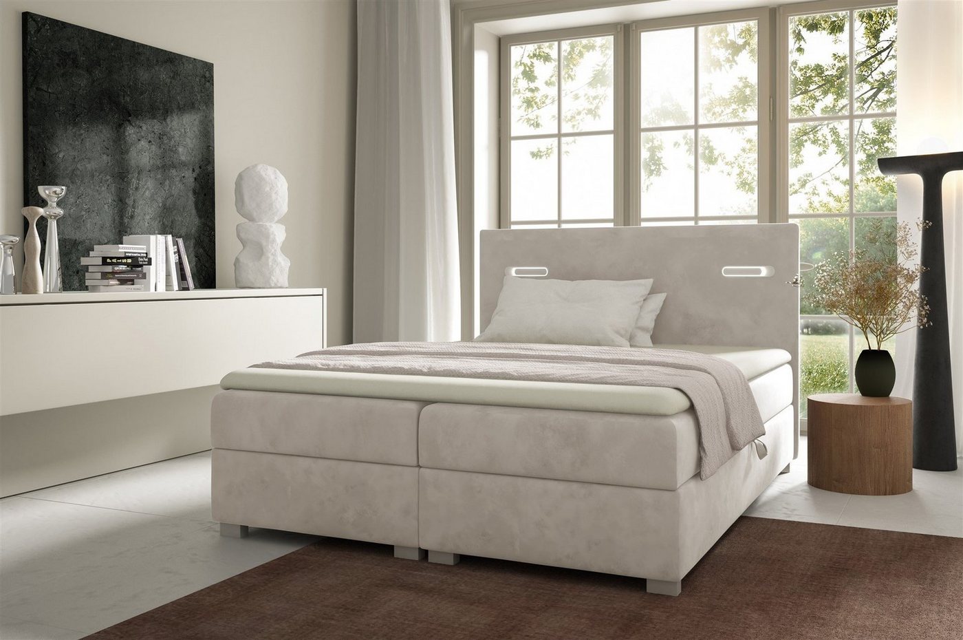 Fun Möbel Boxbett Schlafzimmerbett CAPRICE Überlänge in Stoff (inkl. 2 x Bettkasten und Topper, Ambiente-Beleuchtung mit Touch Funktion), Gepolstertes Kopfteil von Fun Möbel