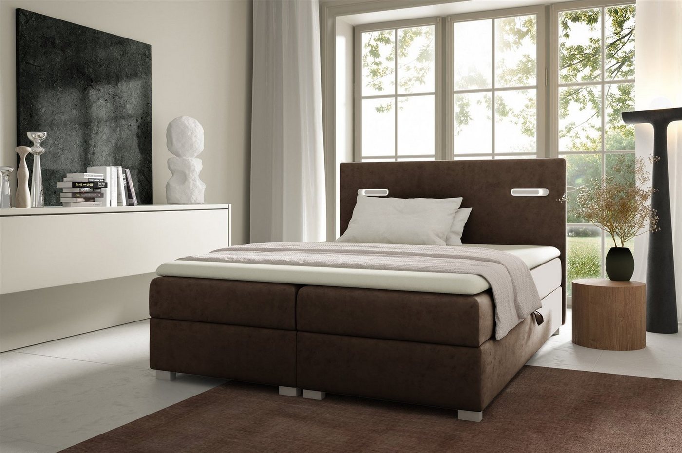 Fun Möbel Boxbett Schlafzimmerbett CAPRICE Überlänge in Stoff (inkl. 2 x Bettkasten und Topper, Ambiente-Beleuchtung mit Touch Funktion), Gepolstertes Kopfteil von Fun Möbel