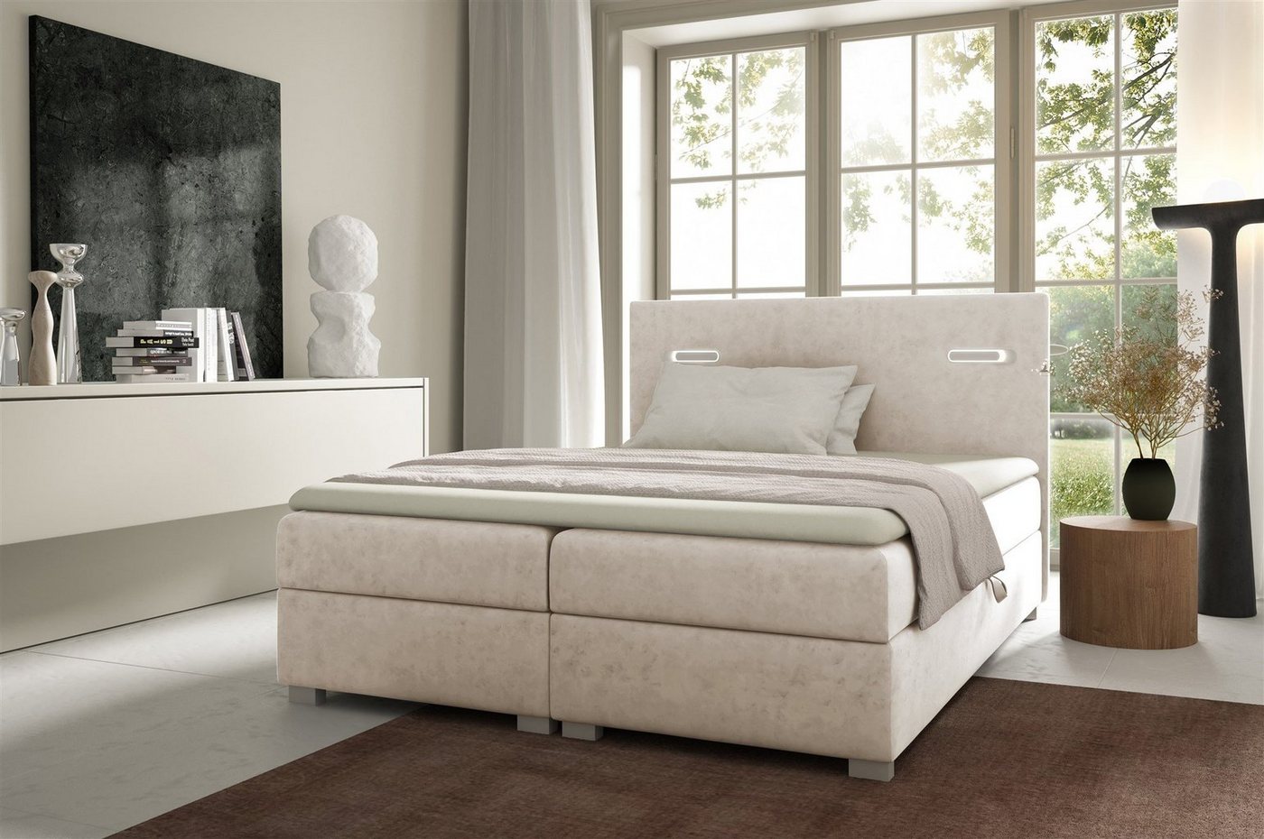 Fun Möbel Boxbett Schlafzimmerbett CAPRICE in Stoff (inkl. 2 x Bettkasten und Topper, Ambiente-Beleuchtung mit Touch Funktion), Gepolstertes Kopfteil von Fun Möbel