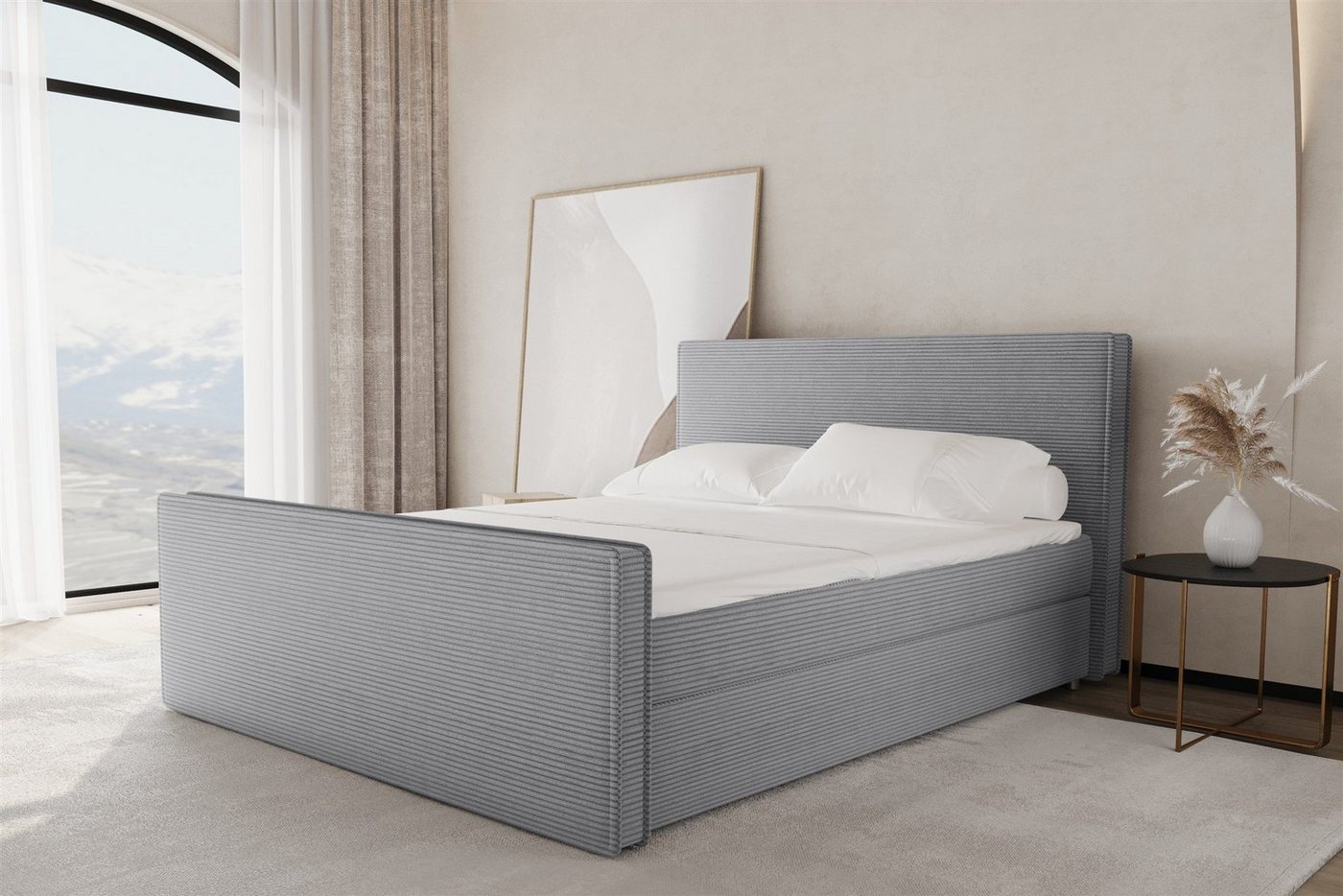 Fun Möbel Boxspringbett Schlafzimmerbett CELES Überlänge Stoff Poso (Gepolstertes Kopf- und Fußteil), inkl. Topper und 2 Bettkästen von Fun Möbel
