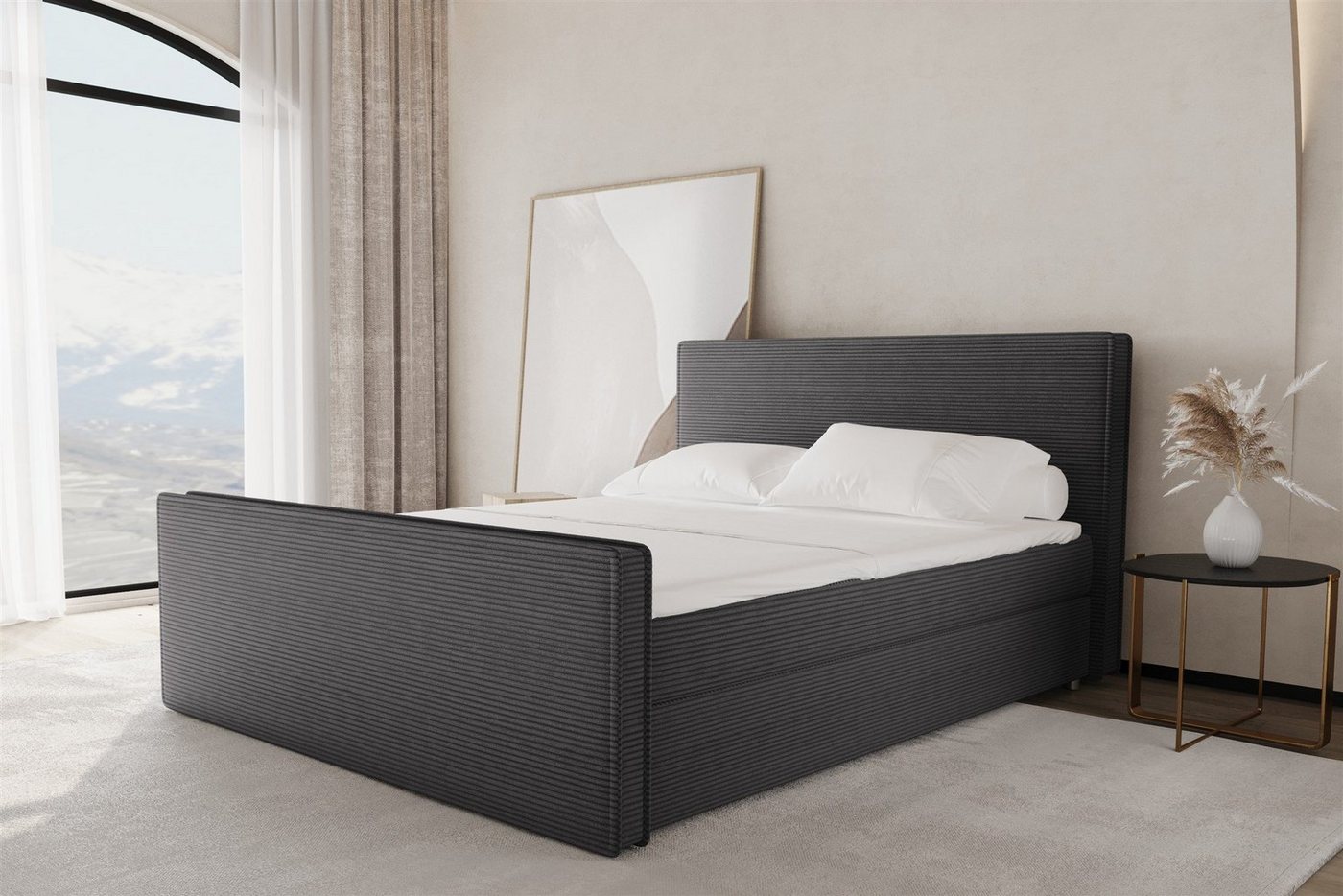 Fun Möbel Boxspringbett Schlafzimmerbett CELES Überlänge Stoff Poso (Gepolstertes Kopf- und Fußteil), inkl. Topper und 2 Bettkästen von Fun Möbel