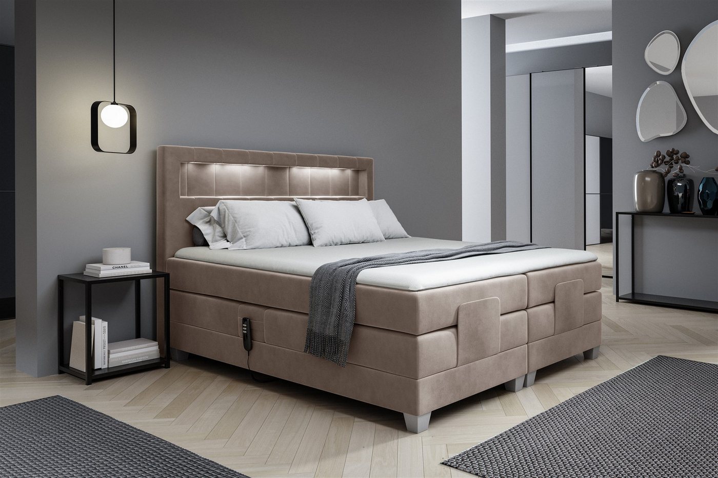 Fun Möbel Boxspringbett Schlafzimmerbett DAVIDE Elektrisch in Stoff Fresh (inkl. Topper), Matratzen elektrisch verstellbar von Fun Möbel